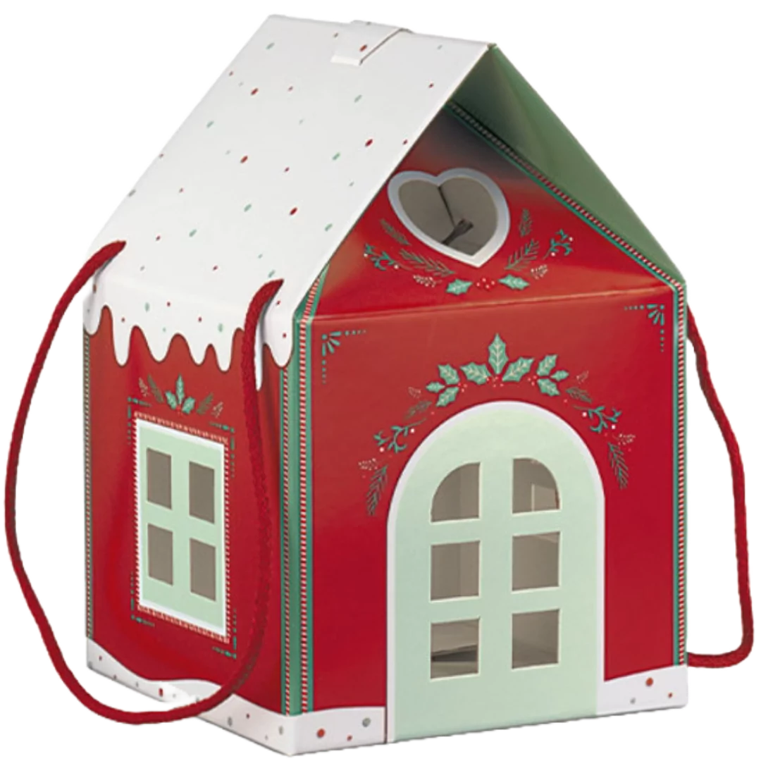 Red Christmas House Snow Roof Gift Box with Handles